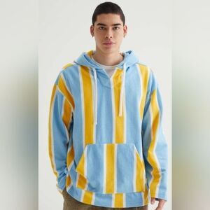 NWT Urban Outfitters UO Striped Terry Hoodie Sweatshirt Mens Small Blue Yellow